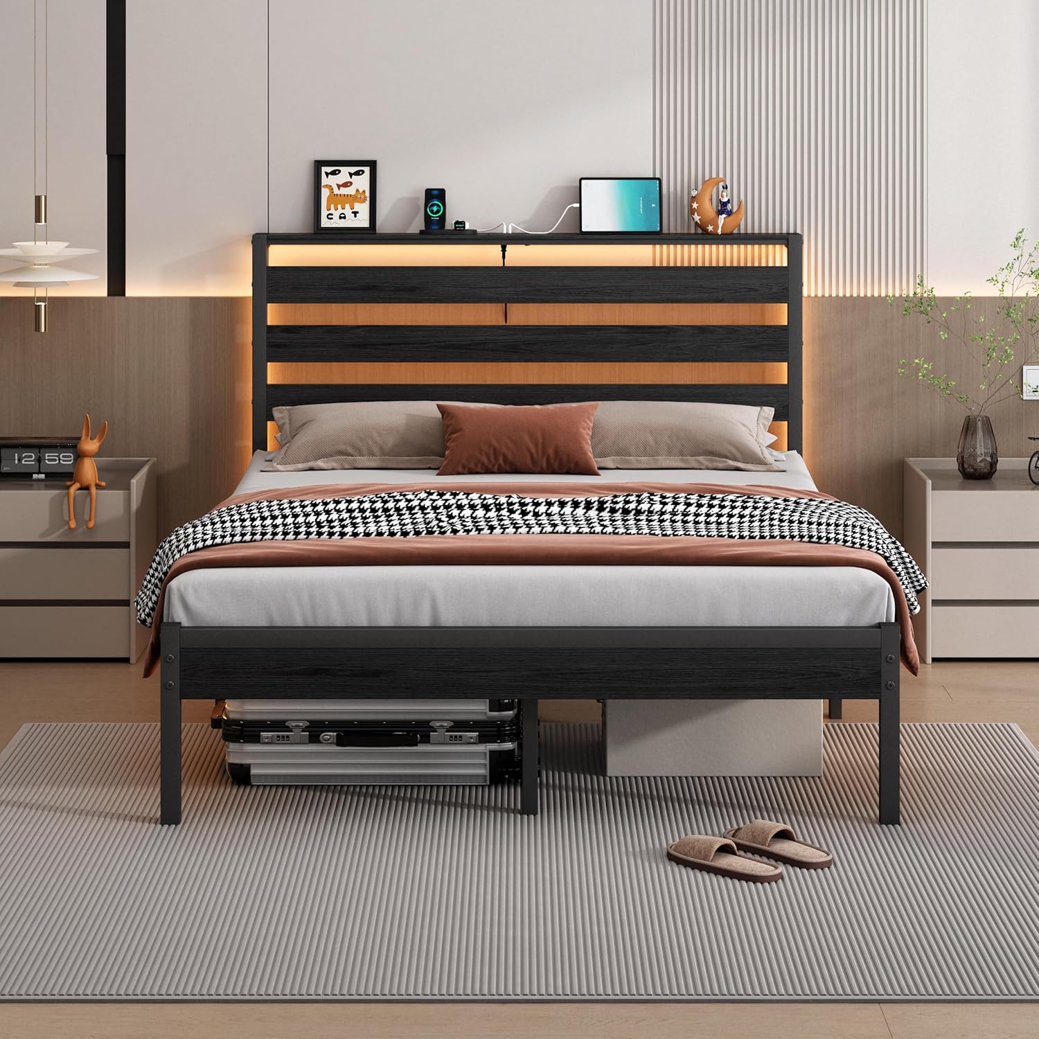 Classic Metal Platform Bed Frame-Queen Bed Frame with Headboard,Steel Slats Support-LED Bed Frame with USB Charging Station,Under Bed Storage, No Box Spring Needed, Noise Free