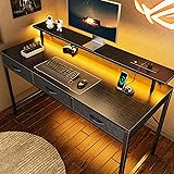 Huuger 55 inch Computer Desk with 3 Drawers, Office Desk Gaming Desk with LED Lights & Power Outlets, Home Office Desks with Storage Space for Bedroom, Work from Home, Gray
