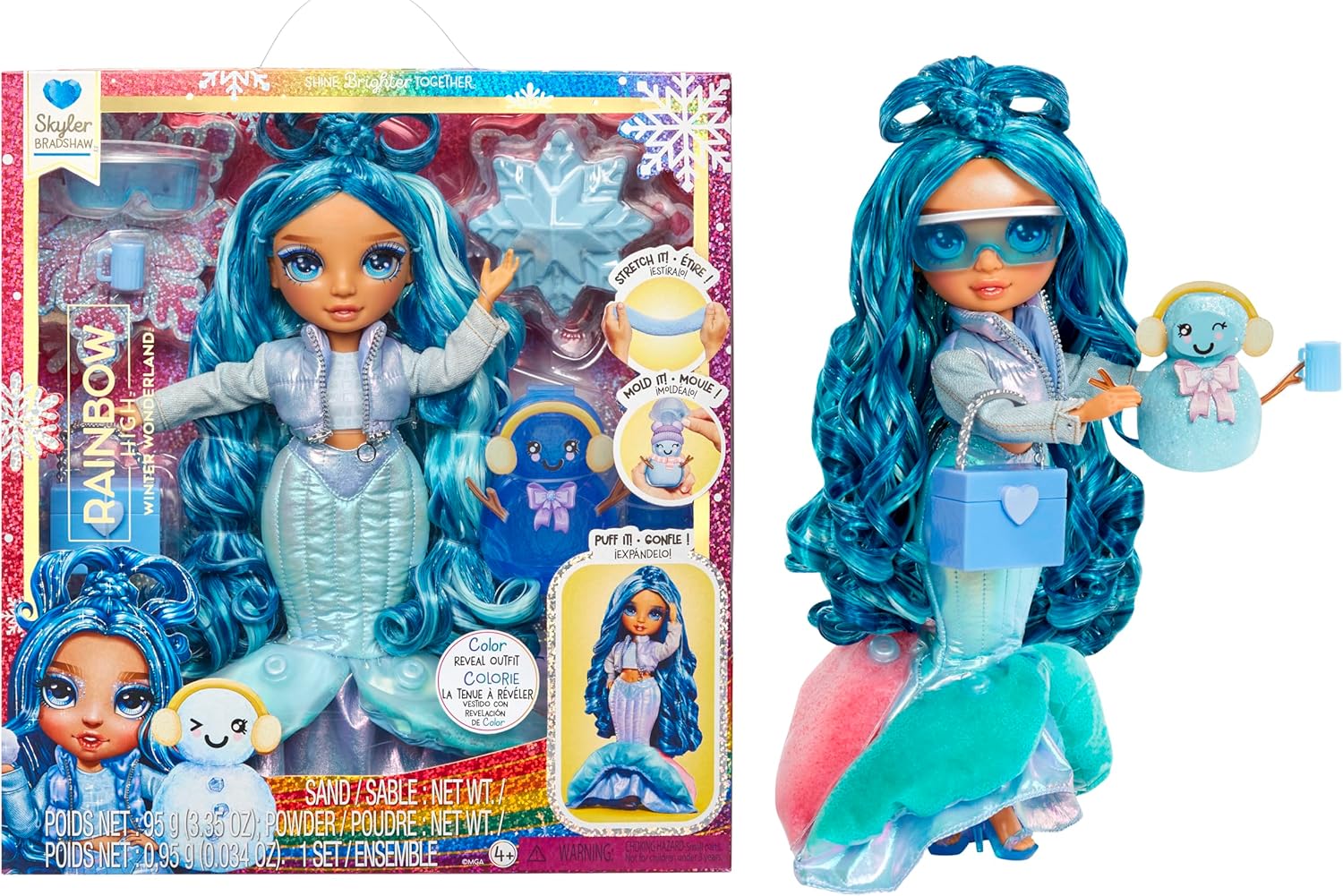 Rainbow High Winter Wonderland Skyler - Blue 11” Fashion Doll with Magic Snow Hidden in Fashion That Puffs Up with Water, and Snowman Kit, Great Gift for Kids 4-12 Years Old