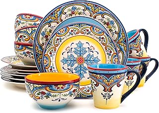 Euro Ceramica Zanzibar Collection 16 Piece Dinnerware Set Kitchen and Dining, Service for 4, Spanish Floral Design, Multicolor, Blue and Yellow