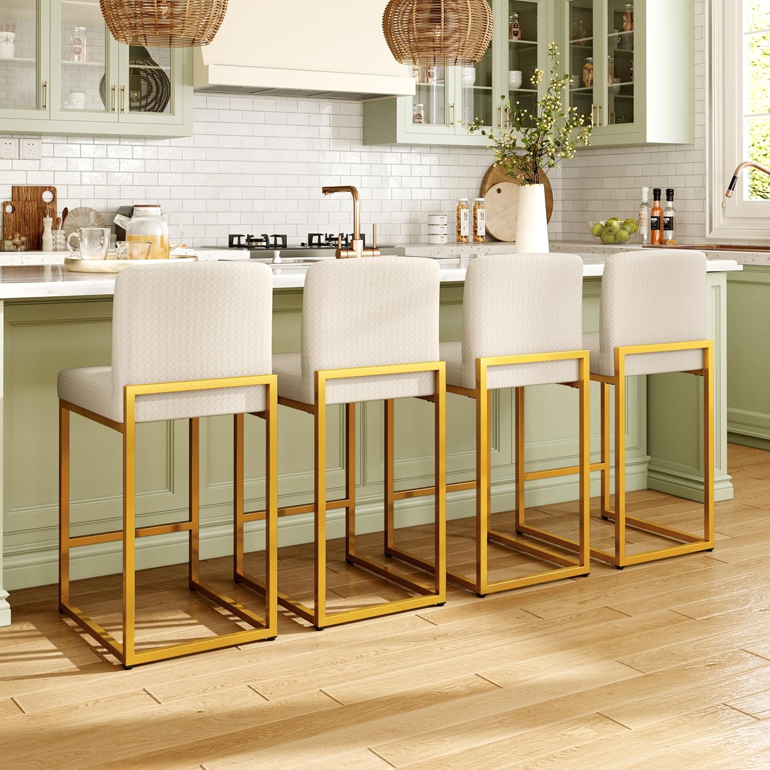 MAISON ARTS Off White & Gold Bar Stools Set of 4, Counter Height 24 Inch Barstools with Back, Modern Faux Leather Upholstered Bar Chairs for Kitchen Island & Home Bar, Metal Frame, Supports 330 lbs