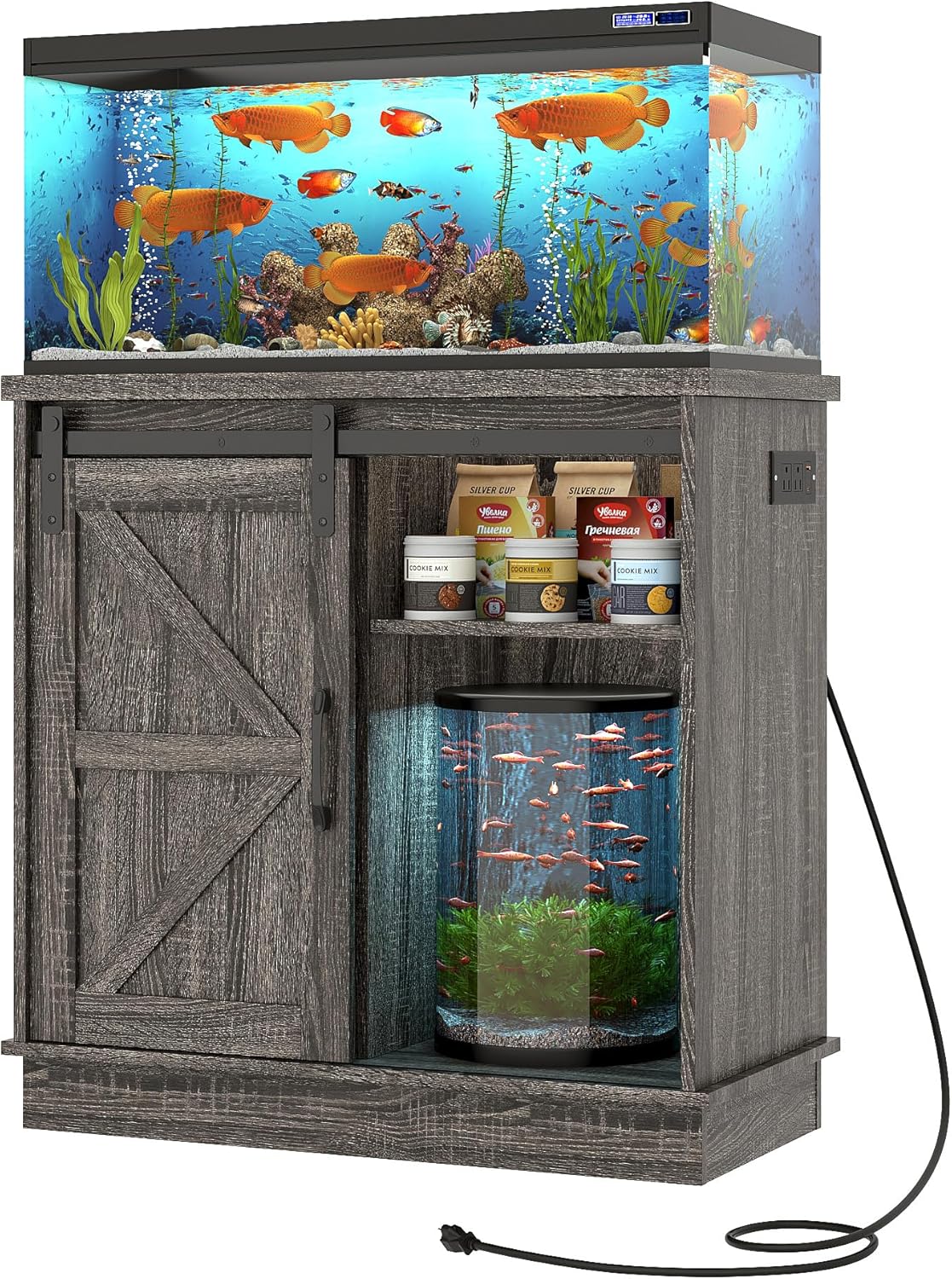 Hlivelood Farmhouse 20 Gallon Fish Tank Stand with Power Outlet, Aquarium Stand w/Cabinet&Sliding Barn Door, Heavy Duty Reptile Tank Stand for Fish/Turtle/Reptile Terrarium, 1000LB Capacity, Grey