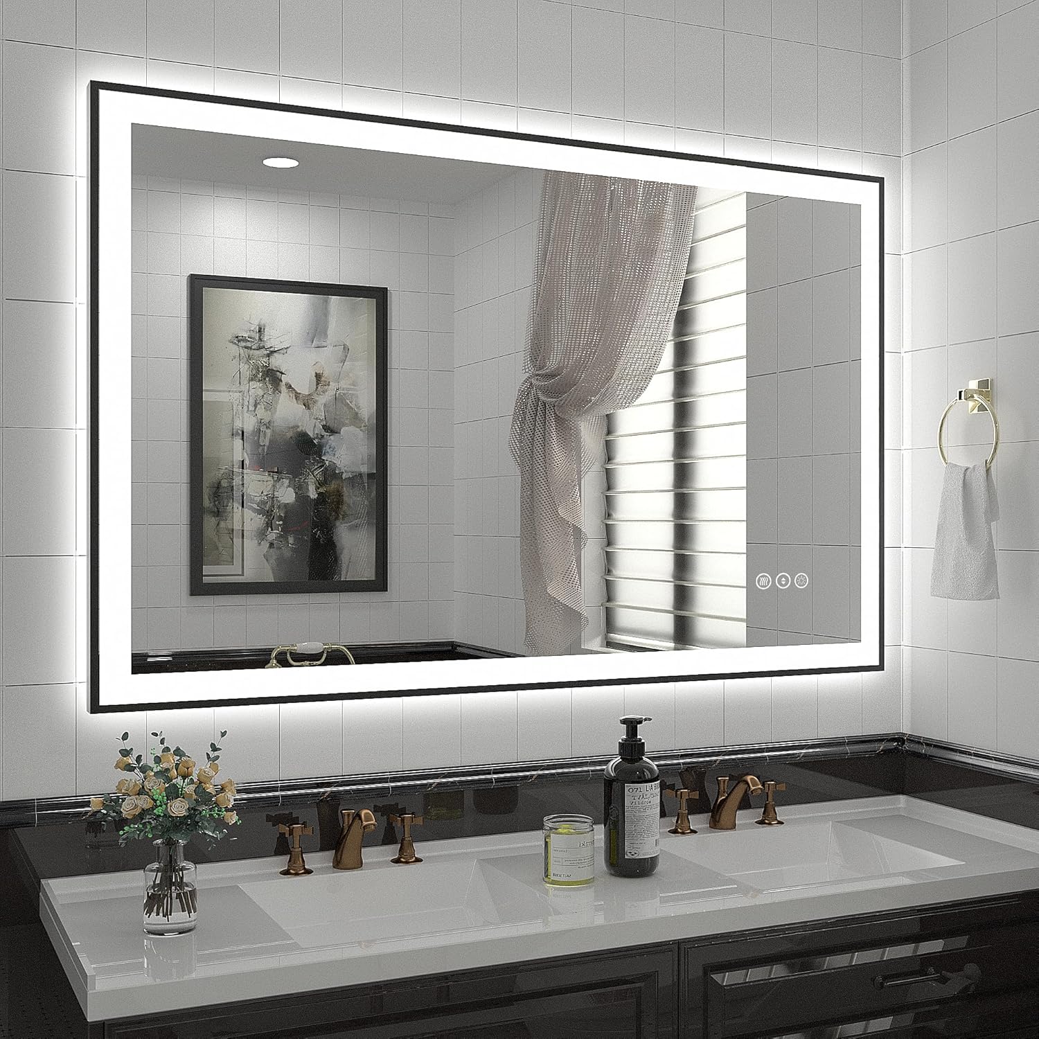 48x30 LED Bathroom Mirror, Lighted Vanity Mirror for Wall with Black Frame, Front Lights and Backlit, Dimmable, Anti-Fog, Shatter-Proof (Horizontal/Vertical)