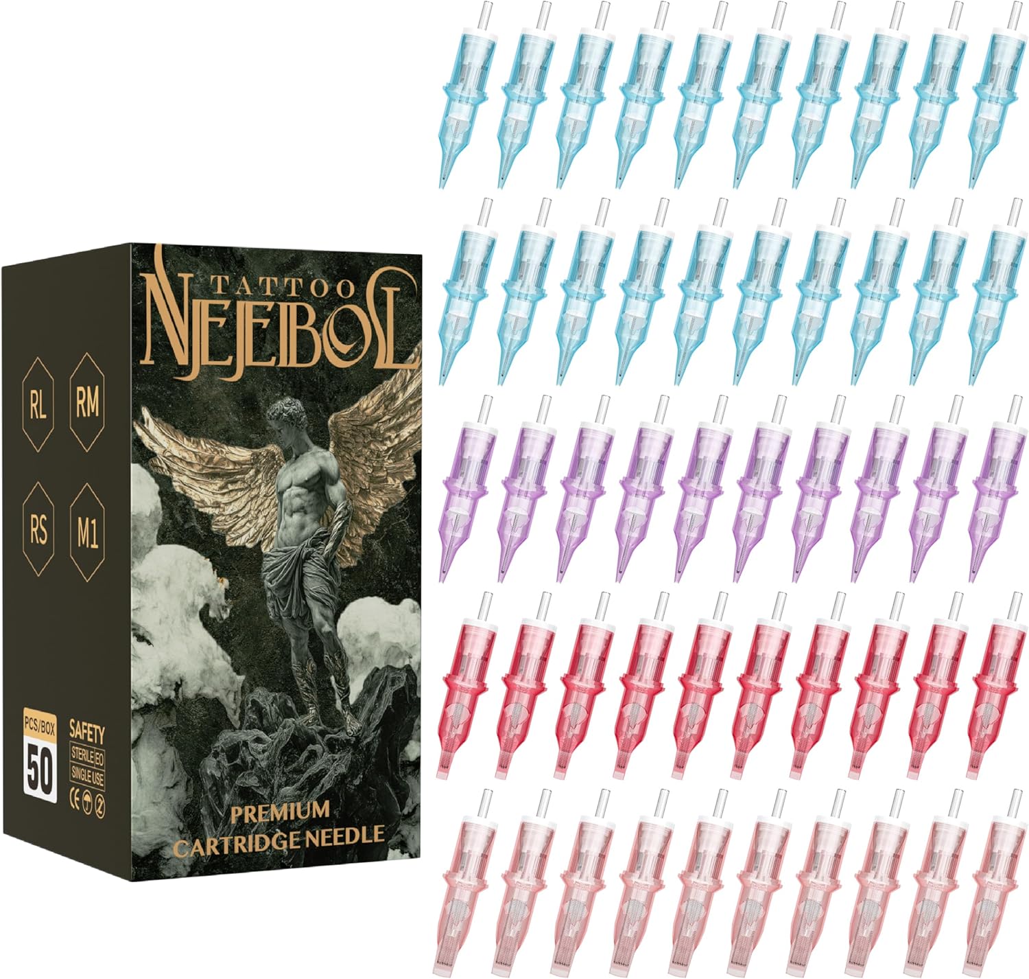 Neebol 50Pcs Tattoo Cartridge Needles Assorted Mixed Sizes - #12(3/5/7/9RL、5/7RS、7/9/15RM、15M1) - Professional Tattoo Needles Cartridges for Lining & Shading Disposable Membrane for Tattoo Pen