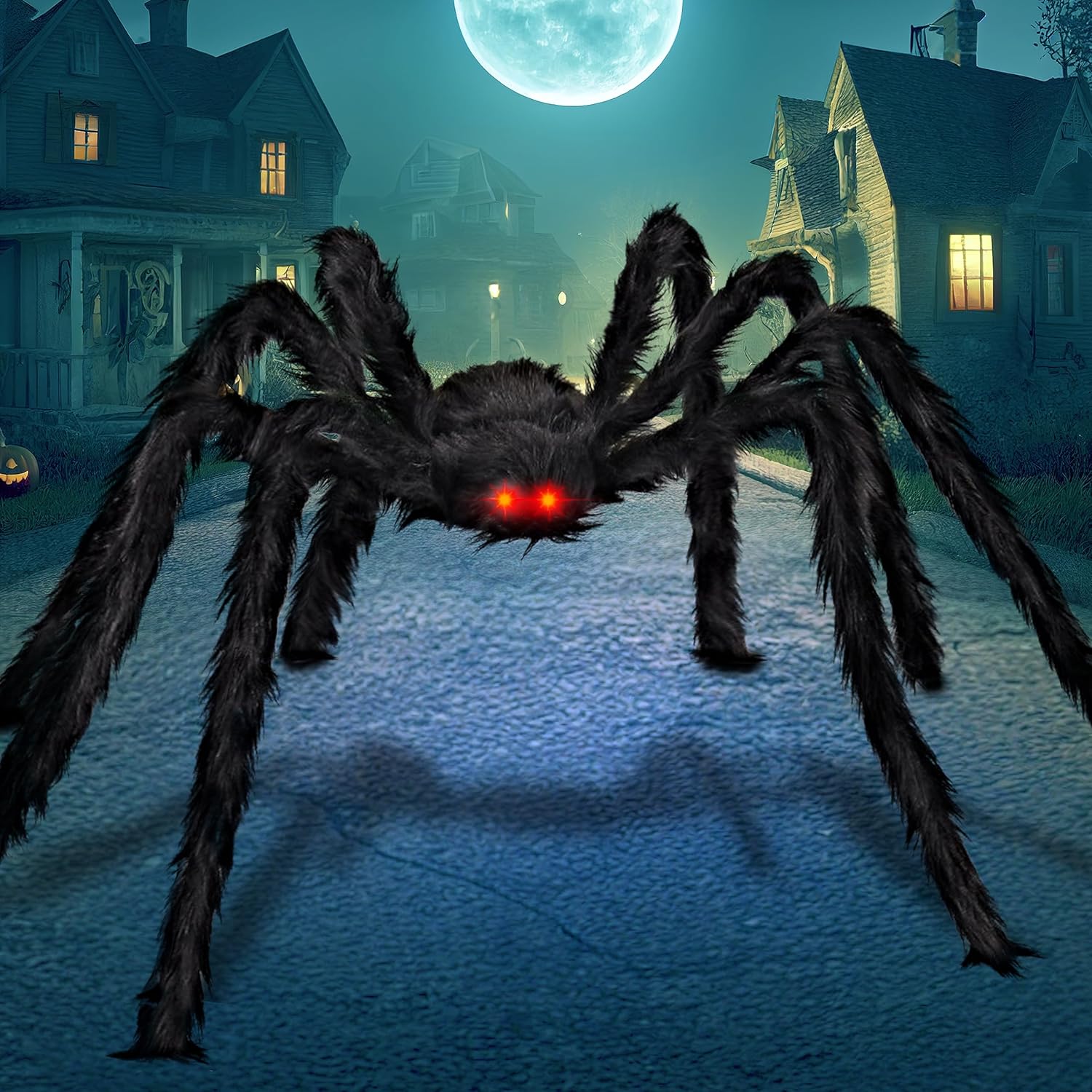 JOYIN 6.5ft Halloween Spider Outdoor Decorations, Light-up LED Eyes Scary Giant Fake Large Hairy Spider Props for Halloween Yard Lawn Decoration, Indoor Party Supplies and Outside Decor, Black