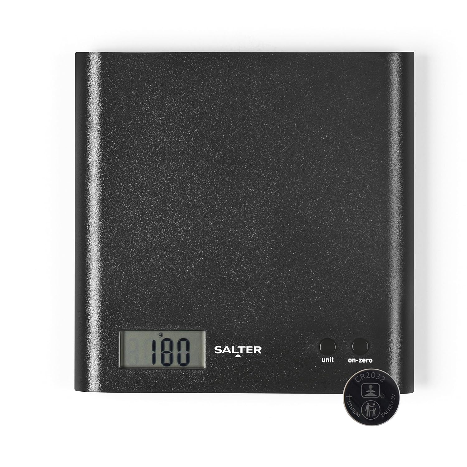 Salter 1066 BKDR15 Arc Kitchen Scale – Digital Food Weighing Scales For Precise Cooking/Baking, Slim Platform for Compact Storage, Add & Weigh/Tare Function, 3kg Capacity, Battery Included, Black