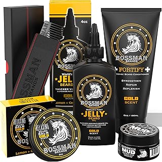 Bossman Complete Beard Kit - Men's Beard Oil Jelly, Fortify Shower Conditioner, Balm, Mustache Wax and Comb - Beard Softener, Growth, Care and Grooming Products Kit (Gold)