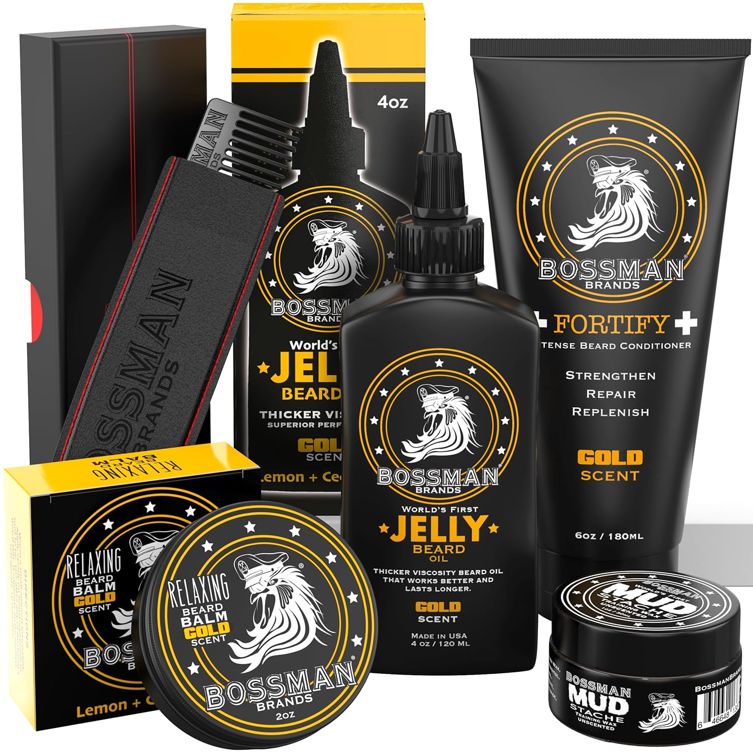 Bossman Complete Beard Kit - Men's Beard Oil Jelly, Fortify Shower Conditioner, Balm, Mustache Wax and Comb - Beard Softener, Growth, Care and Grooming Products Kit (Gold)