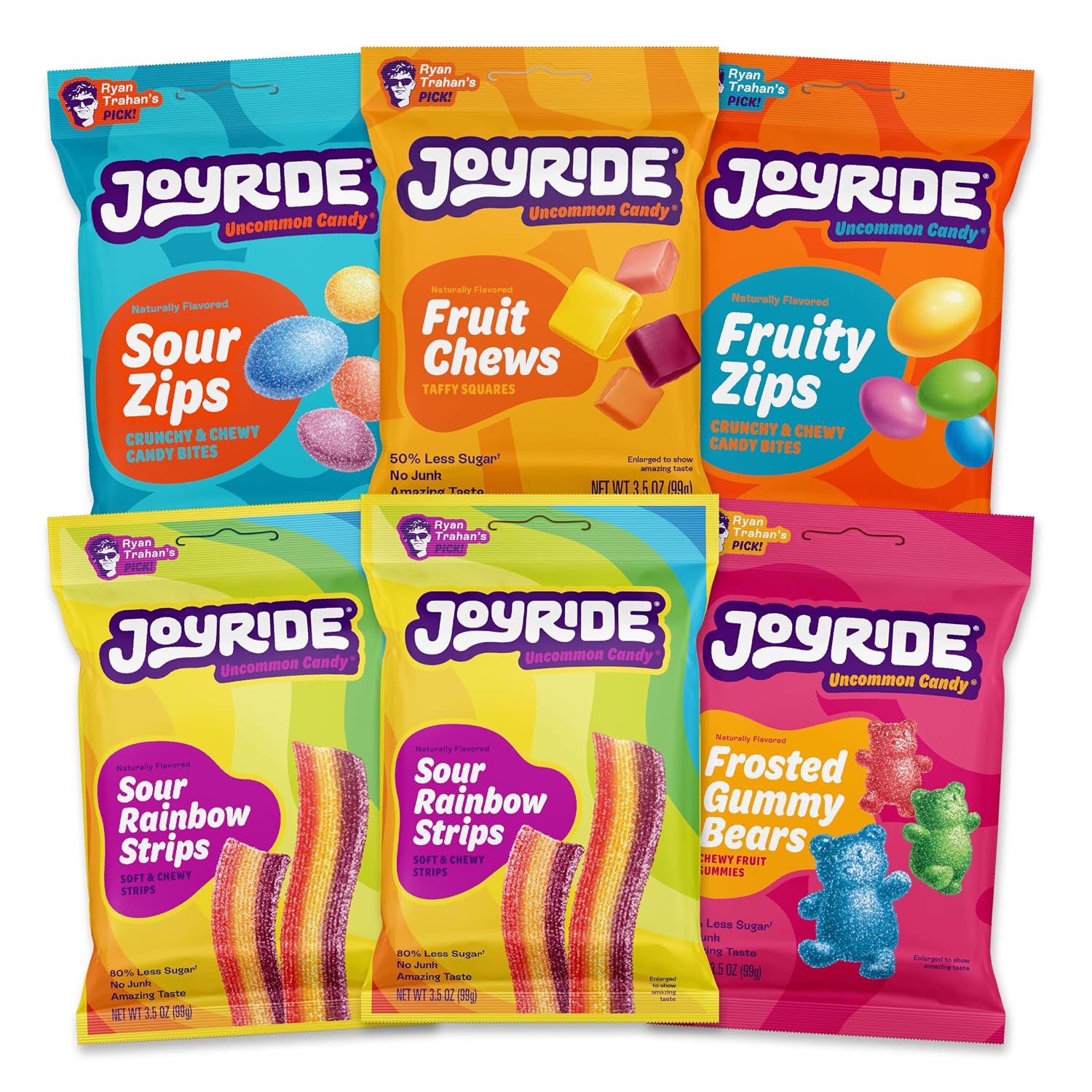 JOYRIDE Innovation Variety - 6-Pack Bundle Includes Rainbow Strips, Fruity Zips, Sour Zips, Frosted Bears, Fruit Chews, Low Sugar & Low Calorie Candy, Dye Free Healthy Sour Gummies (6 Items)