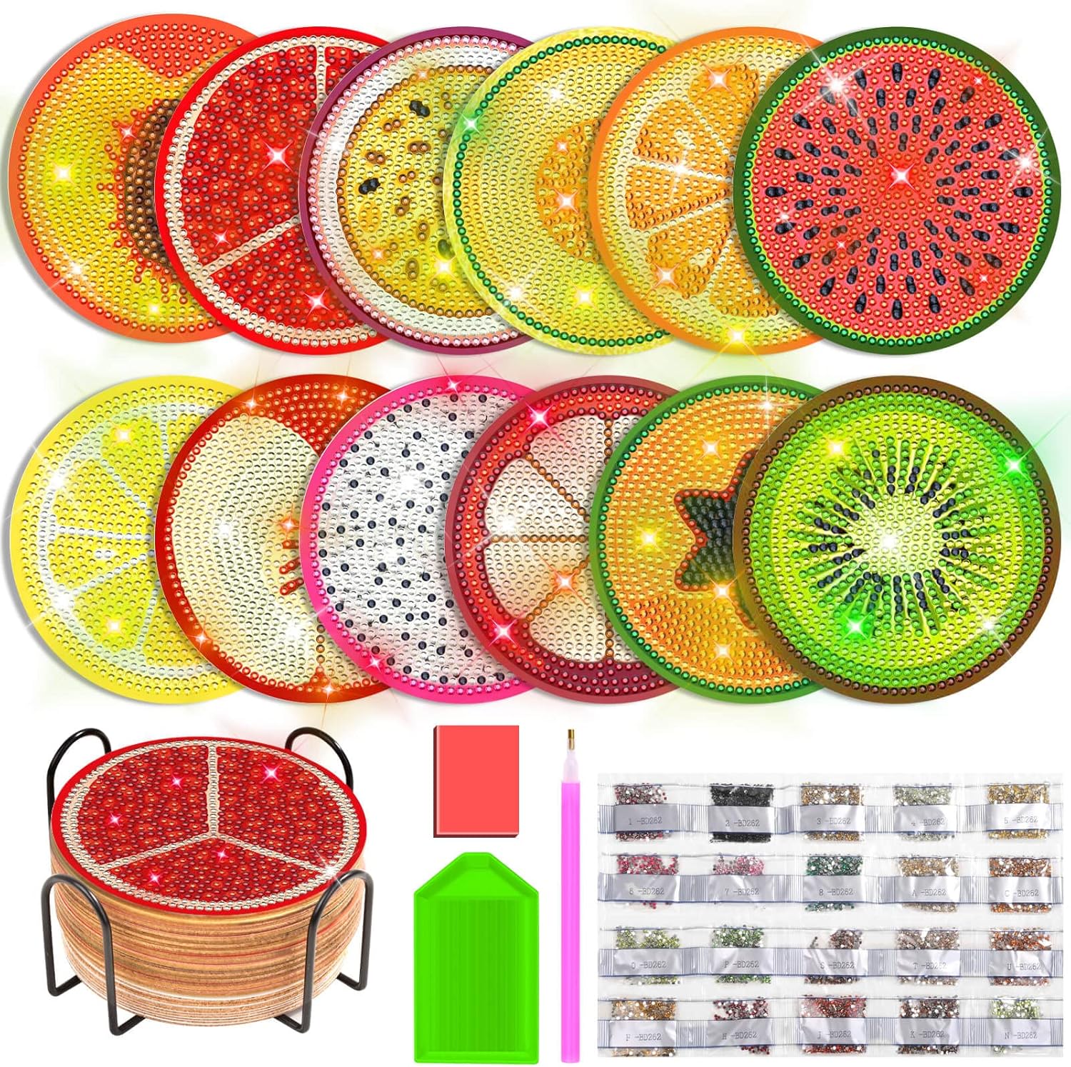 Billbotk 12 Pieces Diamond Art Painting Coasters Kit with Holder, Diamond Art Coasters, DIY Diamond Crafts Projects, Diamond Dot Kits for Adults and Beginners(Fruit Style)