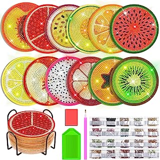 Billbotk 12 Pieces Diamond Art Painting Coasters Kit with Holder, Diamond Art Coasters, DIY Diamond Crafts Projects, Diamond Dot Kits for Adults and Beginners(Fruit Style)