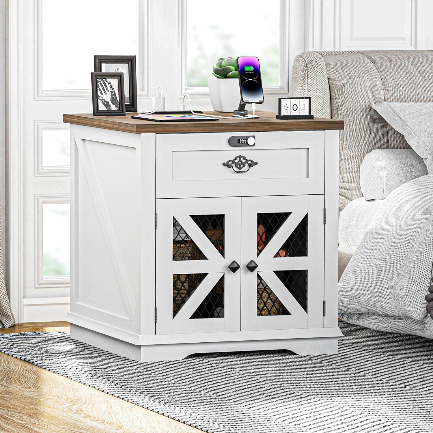 Farmhouse Nightstand End Table with Charging Station, 24" Side Table with Drawer Code Lock and Wire Mesh Barn Door, Bedside Table with Adjustable Storage Shelf for Living Room, Bedroom