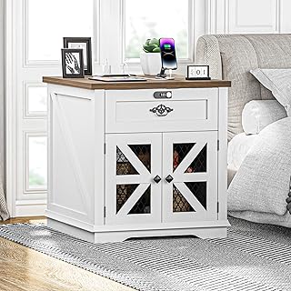 Farmhouse Nightstand End Table with Charging Station, 24" Side Table with Drawer Code Lock and Wire Mesh Barn Door, Bedside Table with Adjustable Storage Shelf for Living Room, Bedroom