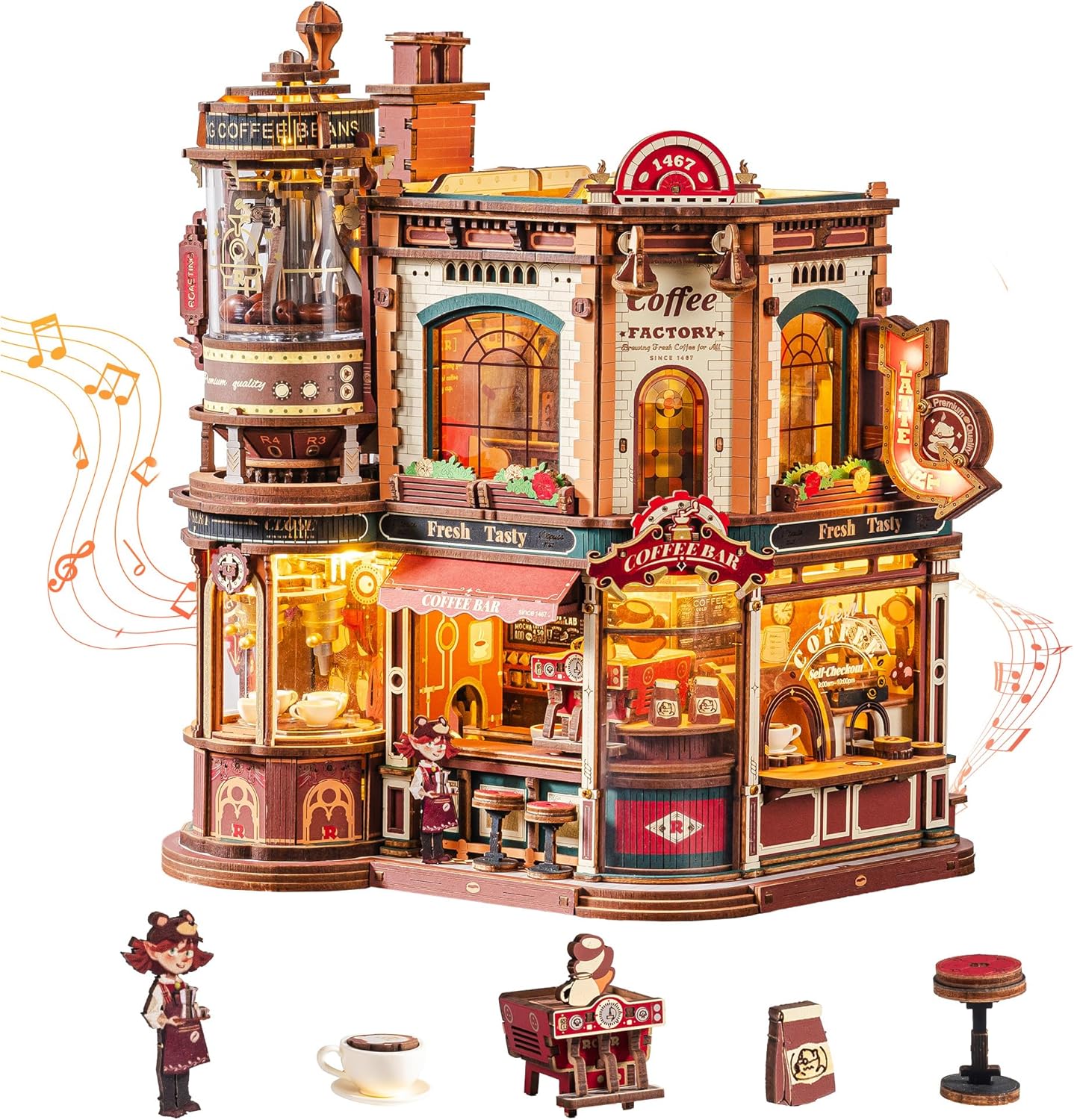 ROKR Dream Coffee Factory, Wooden Music Box Model, Mechanical 3D Wooden Puzzles for Adults, Building Kit with Moving LED Lights, Miniature House Kits, Desk Decor Gift