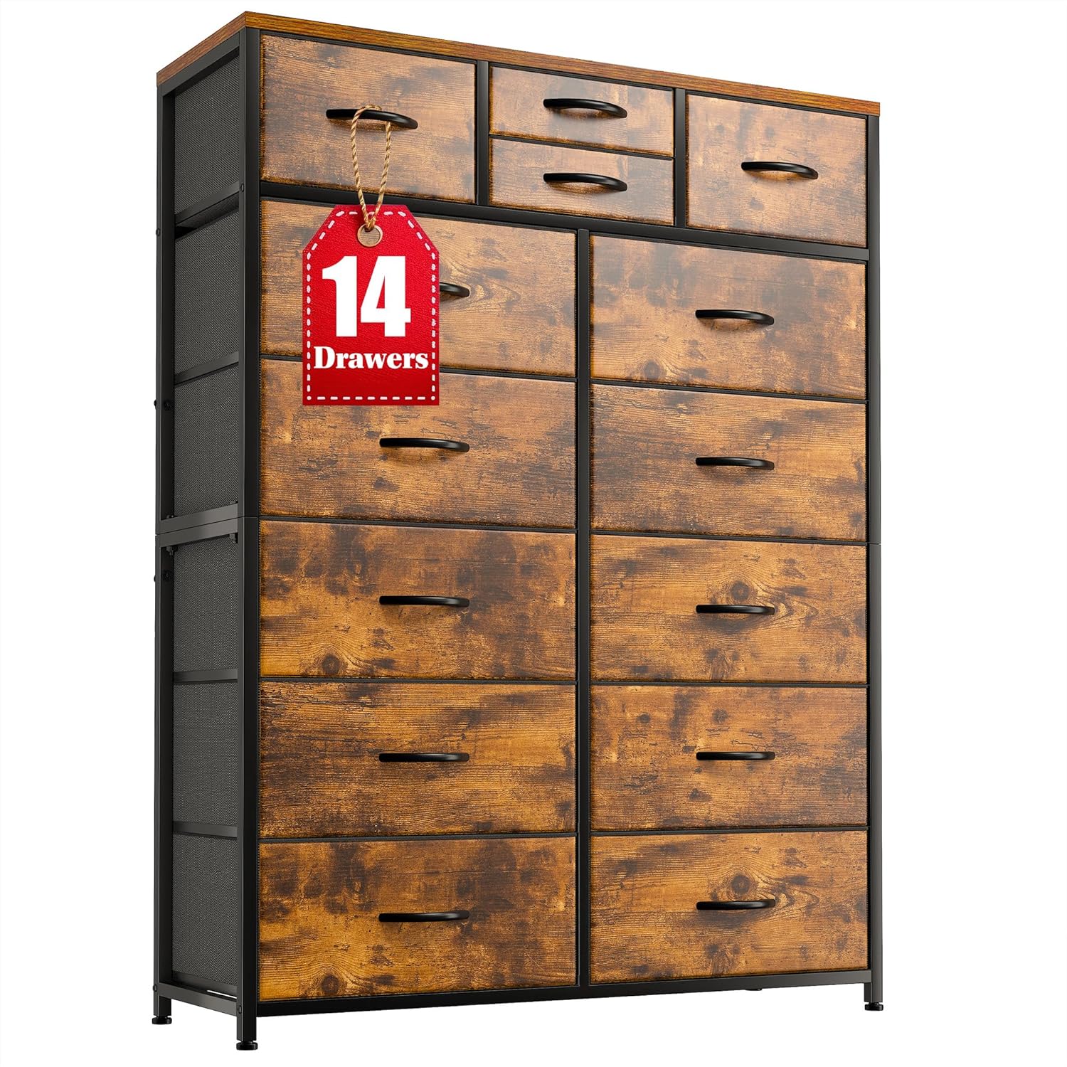 EnHomee 14 Drawer Dresser, Dressers for Bedroom, Large Bedroom Dressers & Chests of Drawers, Sturdy Metal Frame & Wood Top, Easy Assembly, Living Room, Rustic Brown