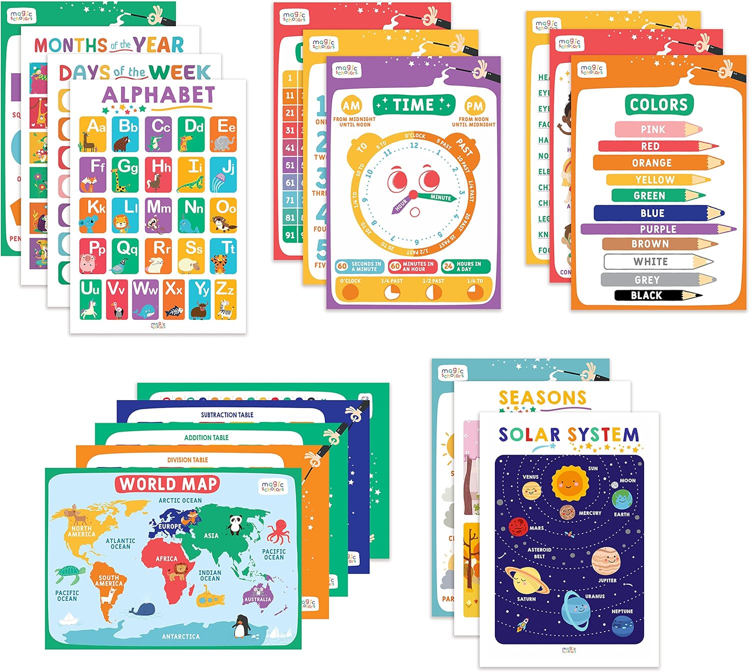 Magic Scholars Educational Posters, 18 Bundle Pack, Classroom Decor for Kids Toddler Learning Activities, Kindergarten, Pre School, Homeschool Supplies, Alphabet Chart, Days of the Week