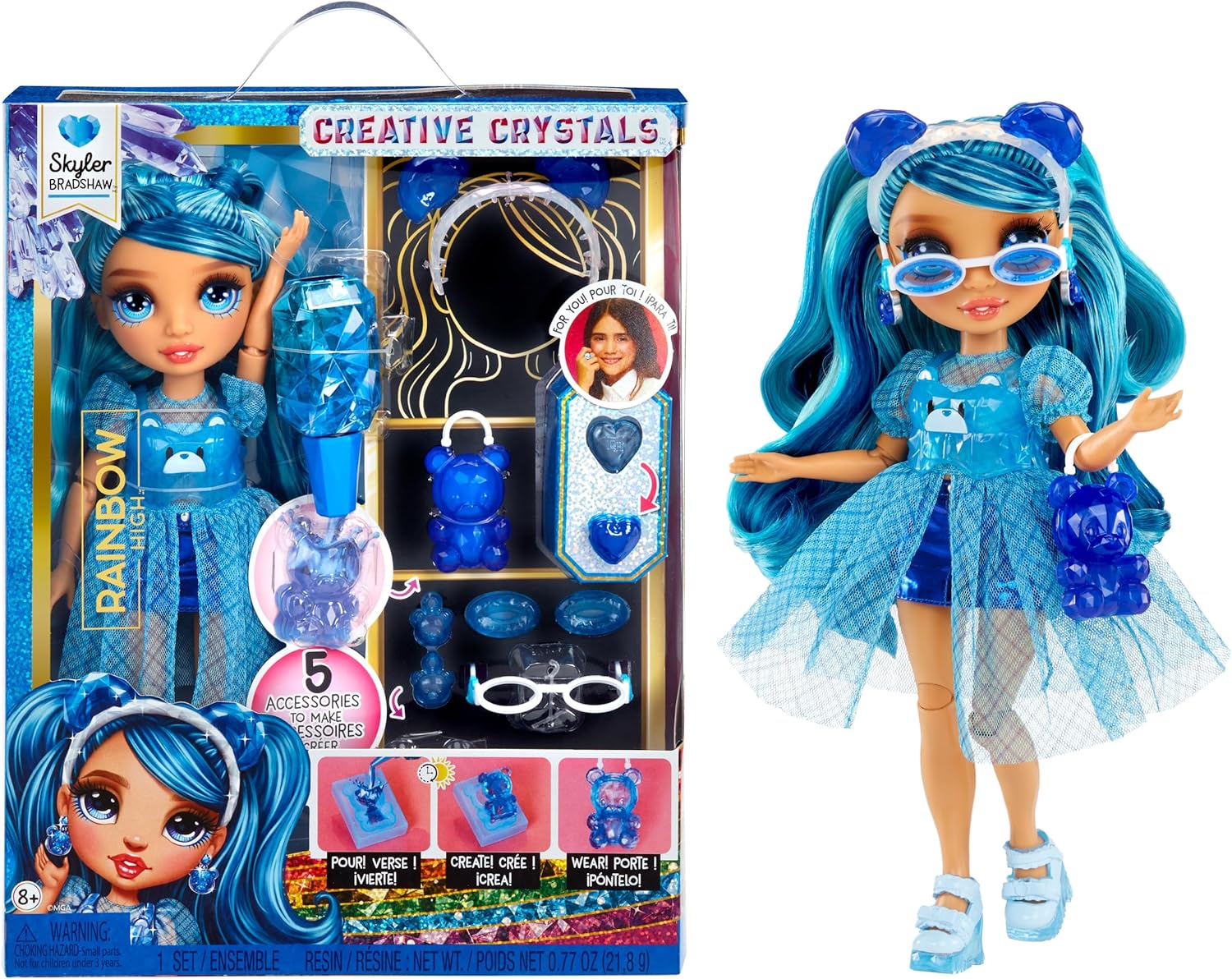 Rainbow High Creative Crystals Skyler - Blue 11” Fashion Doll with Crystal Accessory Make It Kit, Ring for You, DIY, Crafts, Resin Play, Kids Gift 8+