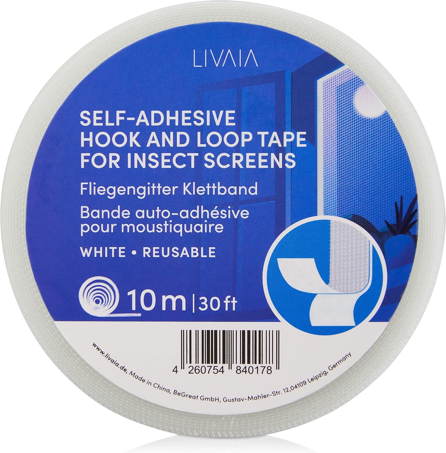 LIVAIA White 10m (30ft) Self Adhesive Hook and Loop Tape for Window Fly Screens