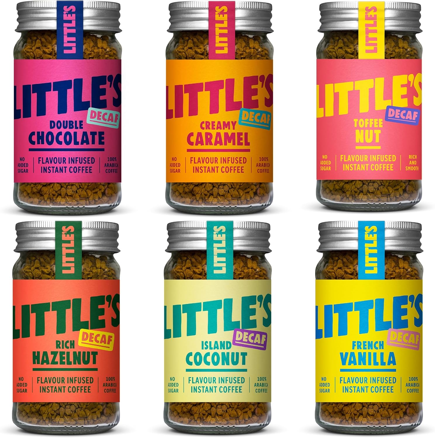 Little's Flavoured Decaf Bundle Instant Coffee, 6 Pack (50g x 6) - Decaffeinated Coffee, Flavours: Toffee, Vanilla, Chocolate, Hazelnut, Caramel, Coconut - Vegan Friendly, Low Calories, No Added Sugar