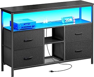 Huuger TV Stand Dresser with Power Outlets and LED Lights, 4 Drawers Entertainment Center with Open Shelf, Media Console for 50 43 Inch TV, Dresser with PU Finish, Black
