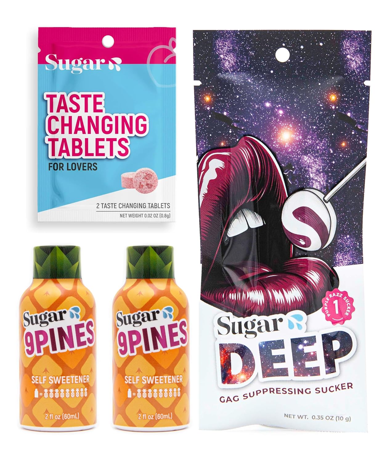 Sugar Splash Taste Sweeter Down There - 2 Taste Changing Tablets, 2 9Pines Pineapple Shots & 1 DEEP Gag Suppressing Sucker Date Night Pack - Body Fluid Sweetener and Flavor Enhancer