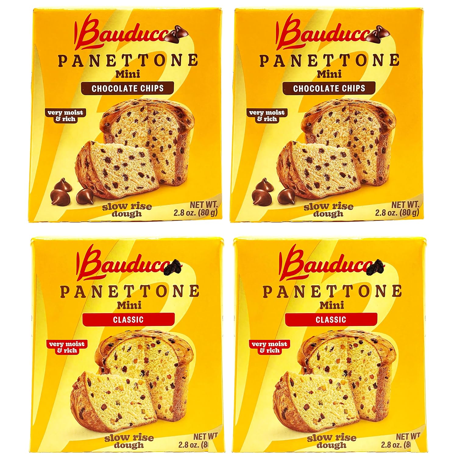 Panettone Cakes Variety Pack, 4 Pack (2.8 oz Each), Individually Wrapped Mini Classic Sweet Bread, Classic Moist Fresh Fruit and Chocolate Chip Flavors, Holiday Festive Fruit Cake with Traditional Italian Recipe, 2.8 oz Each