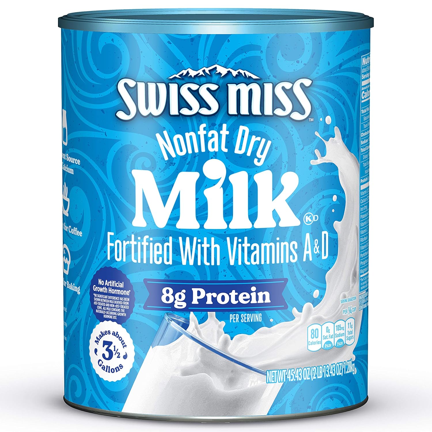 Swiss Miss Shelf Stable Nonfat Dry Powdered Milk, 45.43 oz Canister