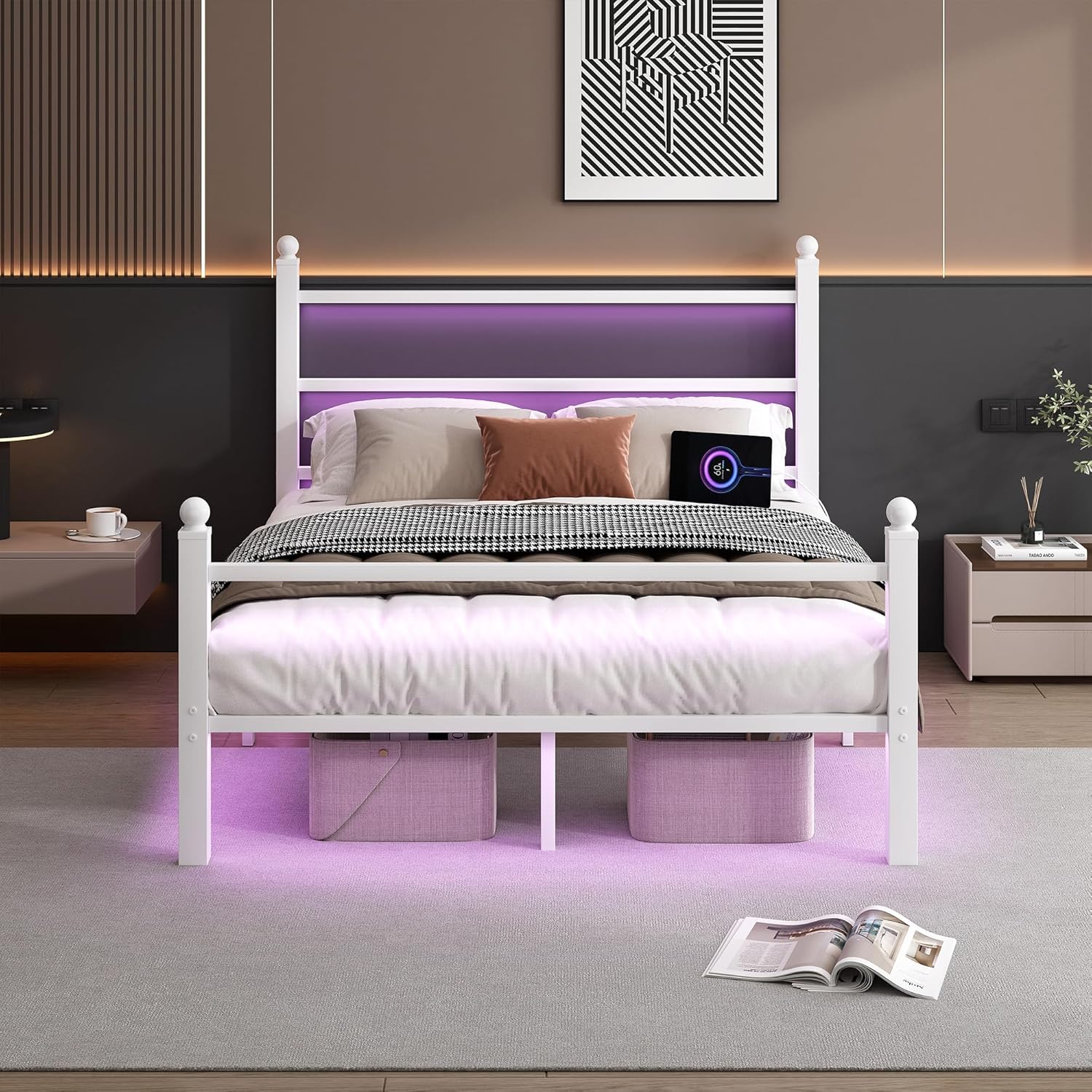 Full Size Bed Frame with Headboard and Footboard,Steel Slats Support-LED Bed Frame with USB Charging Station,Metal Bed Frame-Under Bed Storage, No Box Spring Needed, Noise Free，White