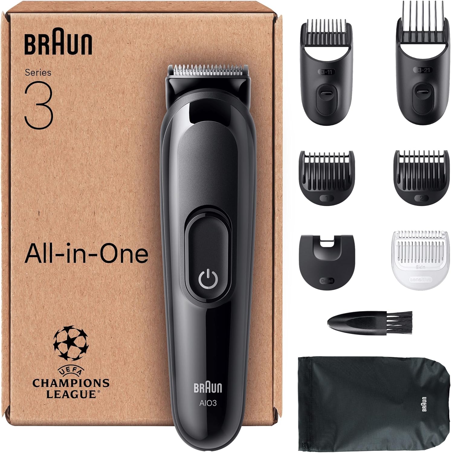 Braun All-in-One Series 3 Grooming Kit, 8-in-1 Beard Trimmer & Hair Clipper, Ultra Sharp Blade, 14 Lengths (3-21mm), 50-Min Cordless Runtime, Washable Heads, Easy & Fast Styling, AIO3545, Black