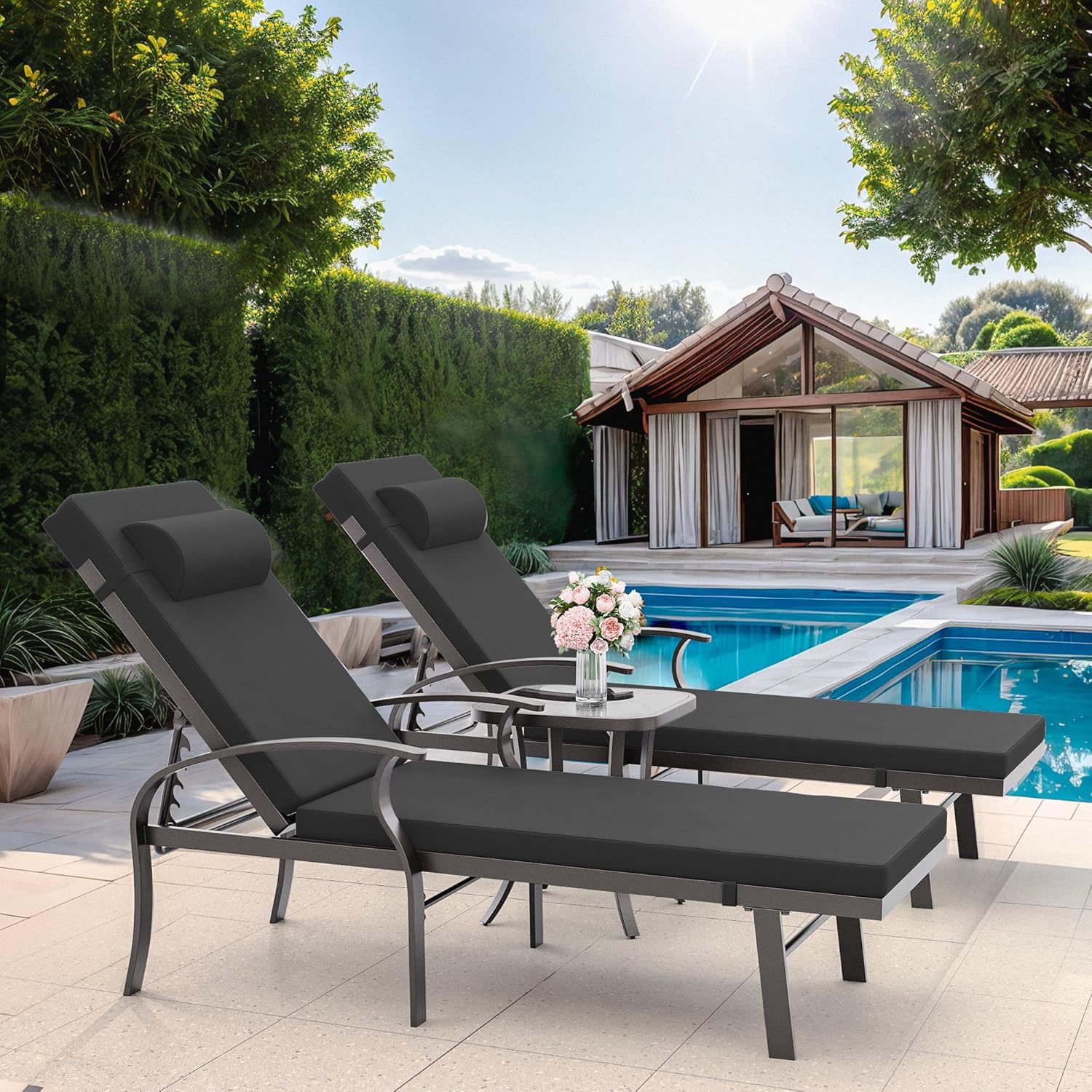 3 Pieces Patio Chaise Lounger,Aluminum Outdoor Loungers with Adjustable Backrest,Sun Loungers with Side Table for Beach Lawn Pool,Backyard