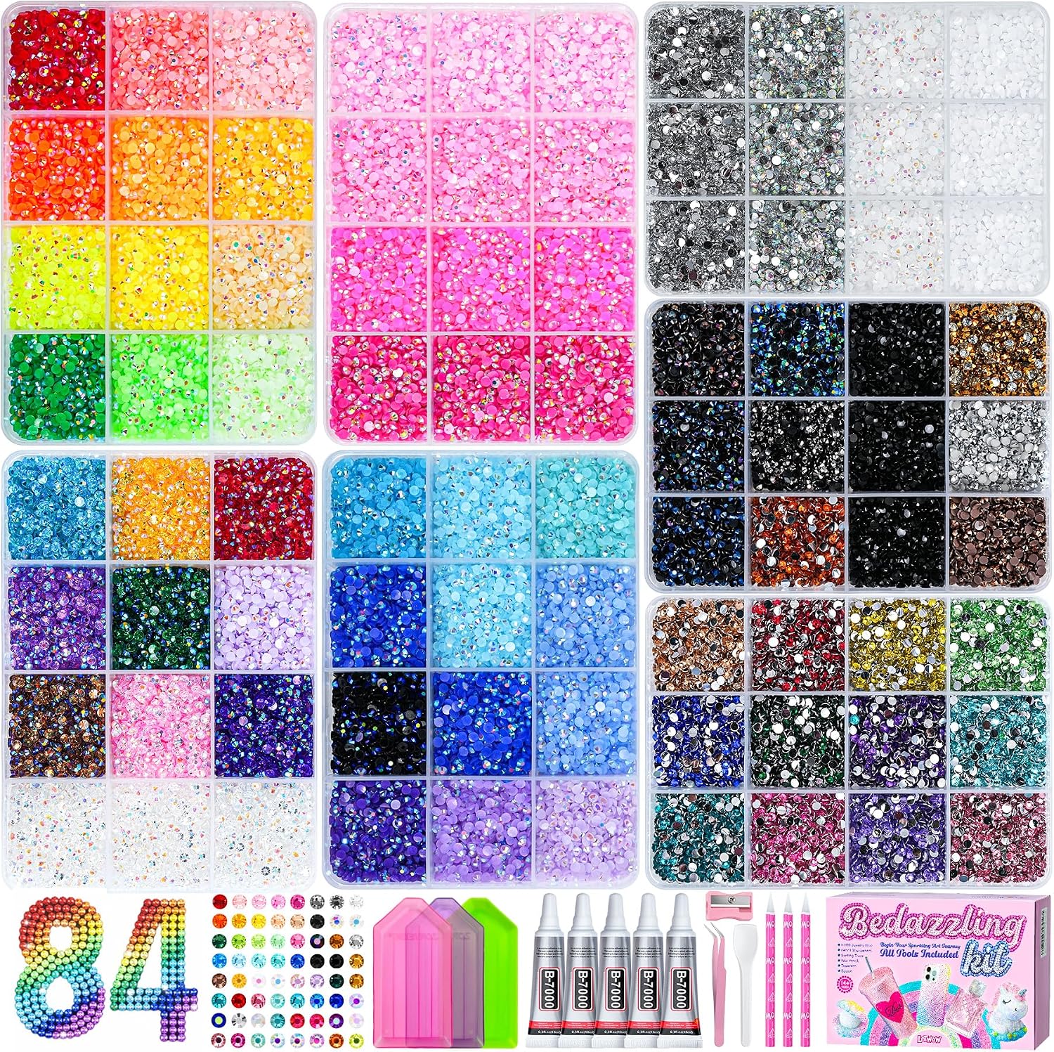 120,000 PCS Jelly Rhinestones Bedazzling Kit with 84 Colors in 7 Boxes, Bedazzler Kit with 3mm Resin Flatback Rhinestones, Includes 5 Glues & Tools for Diamond Art, Jewelry, and Birthday Gifts