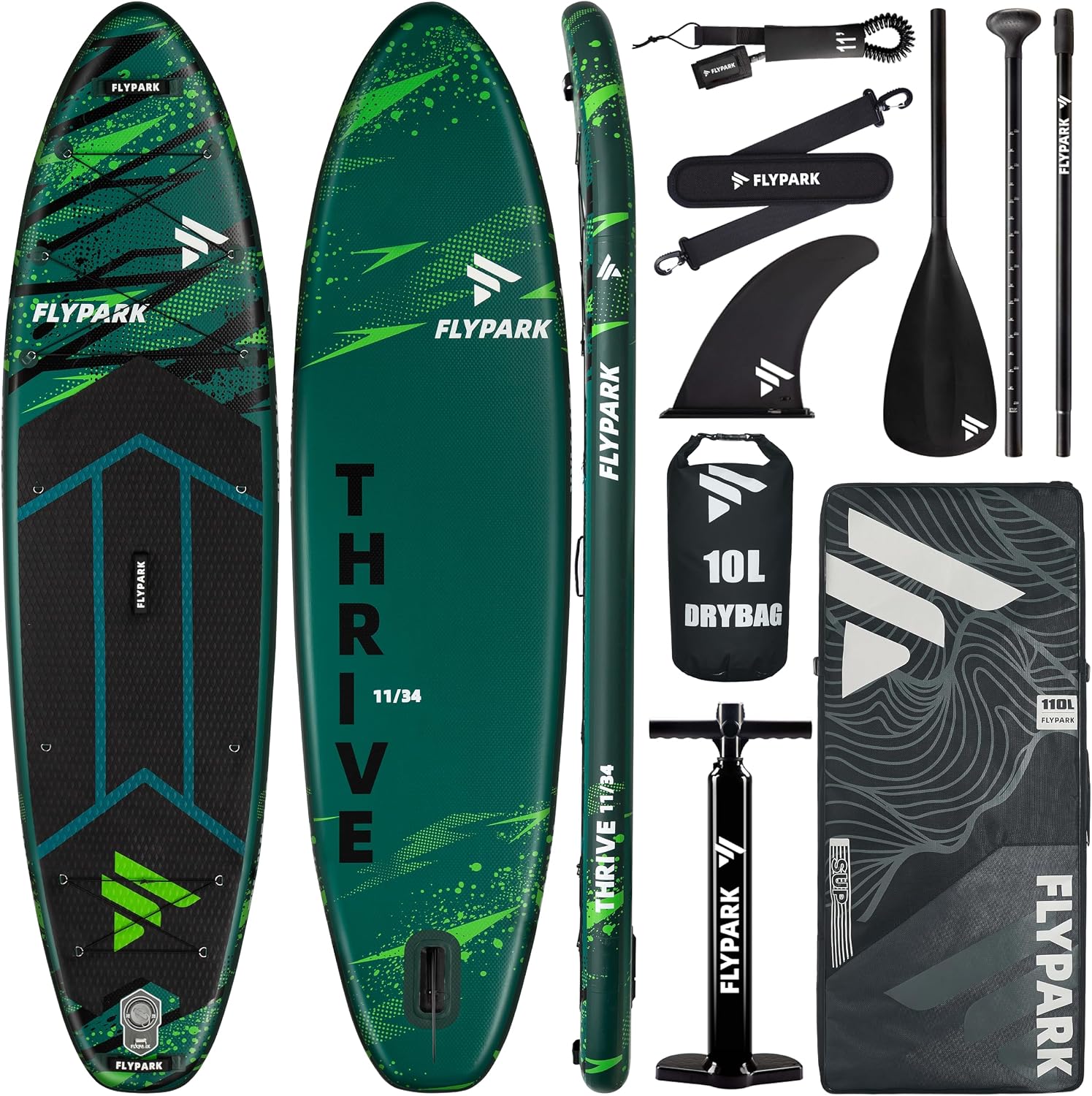 Flypark 11'x34 Inflatable Paddle Boards, Extra Wide SUP for 420lbs/3Adults, Yoga Stand Up Paddle Board, 110L Backpack, 15 D-Rings, Shoulder Strap, US-Fin, 2-Action Pump