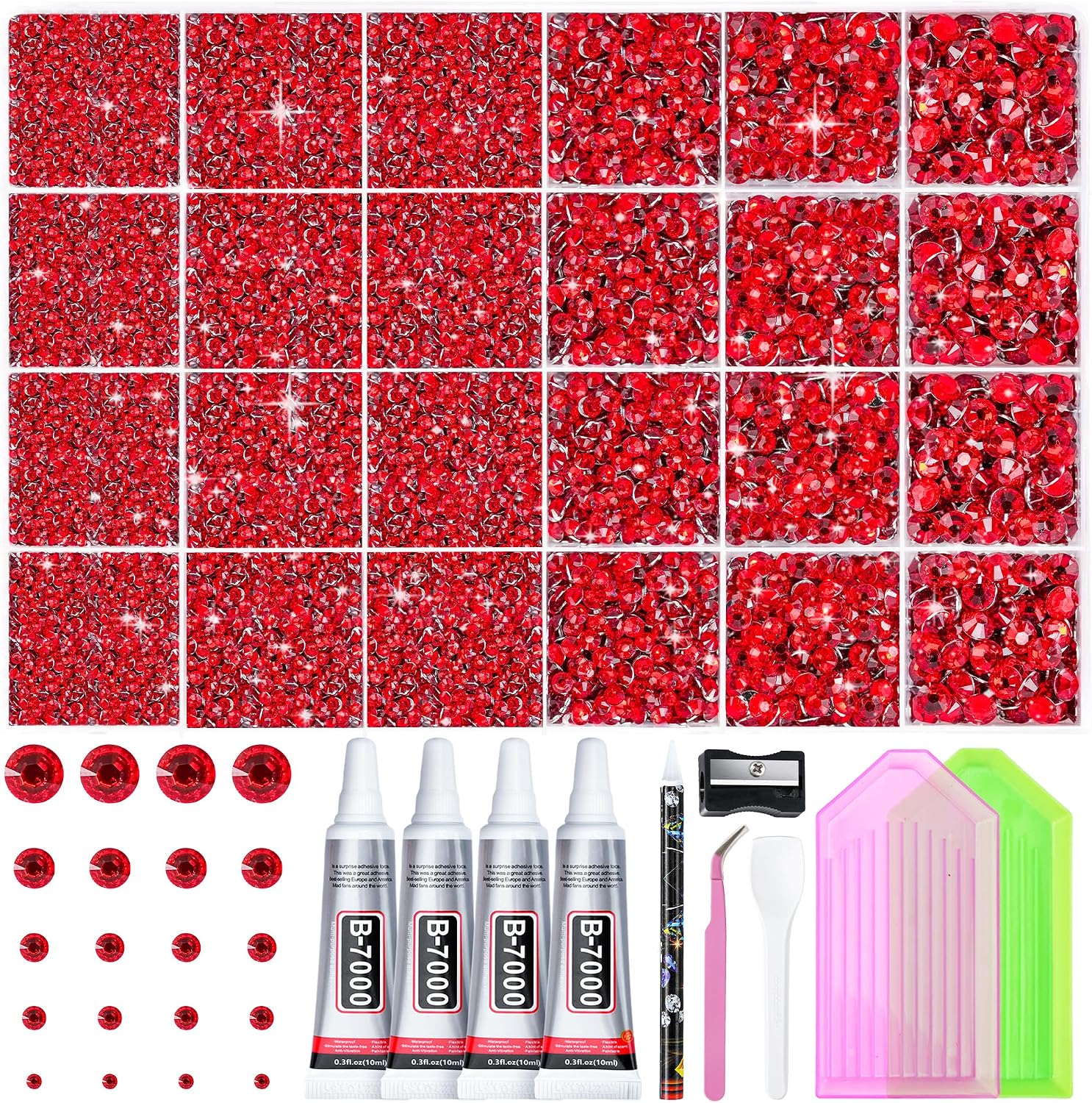 35000PCS Red Rhinestones for Bedazzling 2/3/4/5/6mm, Bedazzler Kit with Rhinestones Nail Gems Diamond Art Kits with Pickup Pen, B7000 Glue, Trays Glitter Craft Set