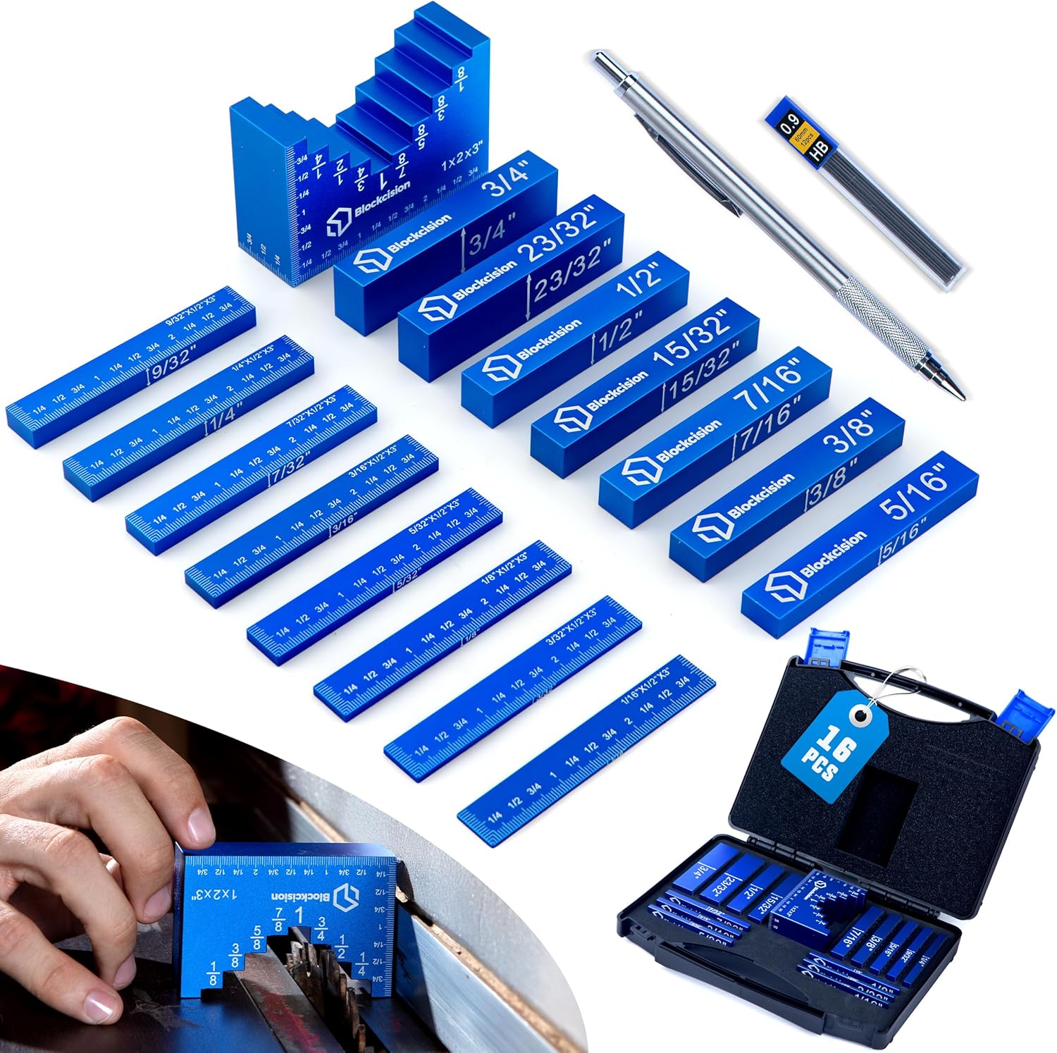 Blockcision Setup Blocks Woodworking Tools - 16 PCS Height Gauge Block Set with Easy Block, Precision Ruler-Marked Bars and Case - Aluminum Setup Bars for Router and Table Saw Accessories