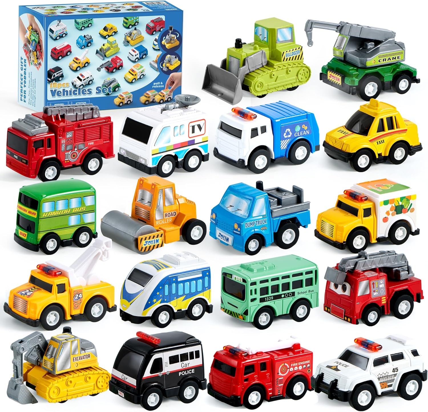 JOYIN 18 Piece Pull Back City Cars and Trucks Toy Vehicles Set Model Car, Friction Powered Die-Cast Cars for Toddlers, Boys, and Girls’ Educational Play