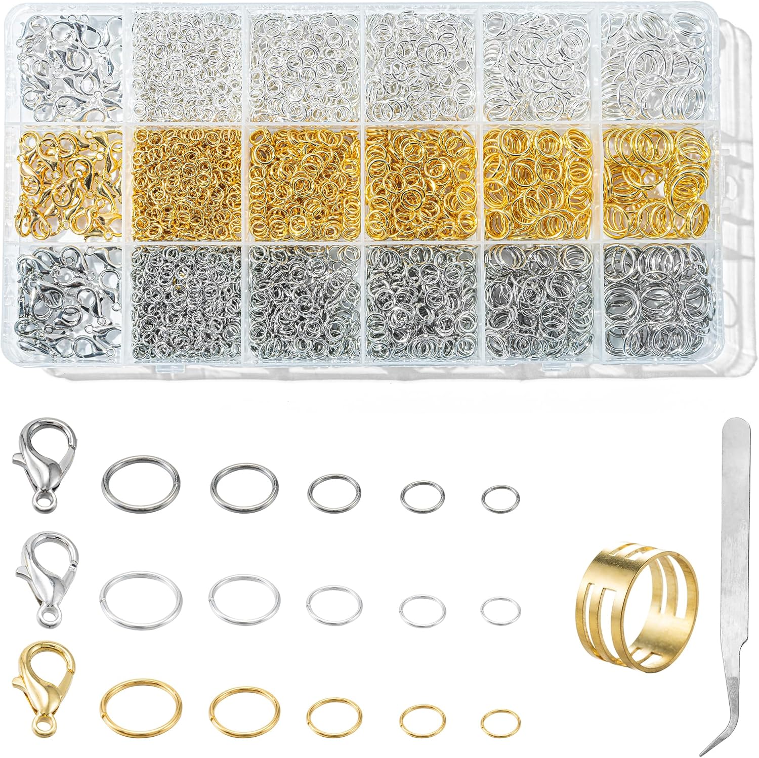1500PCS Silver and Gold Open Jump Rings, 5 Sizes O Rings and Lobster Clasps, Small and Large Jump Ring for Jewelry Making and Keychains (with Tweezers and Jump Ring Opener)