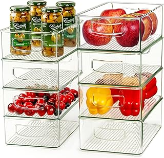 Hudgan Set Of 8 Stackable Organizer Bins, Straight Sides Plastic Storage Containers for Pantry Organization and Kitchen Storage Bins, Acrylic Clear Bins for Organizing