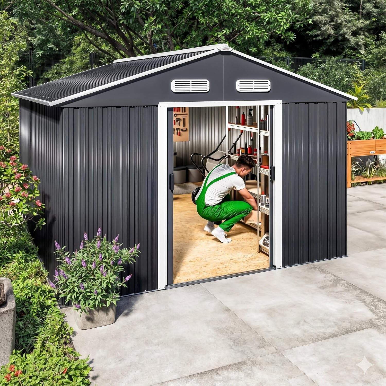 GARDEBRUK® 8x10ft Metal Garden Shed, Foundation, 315x260x180cm, Anthracite