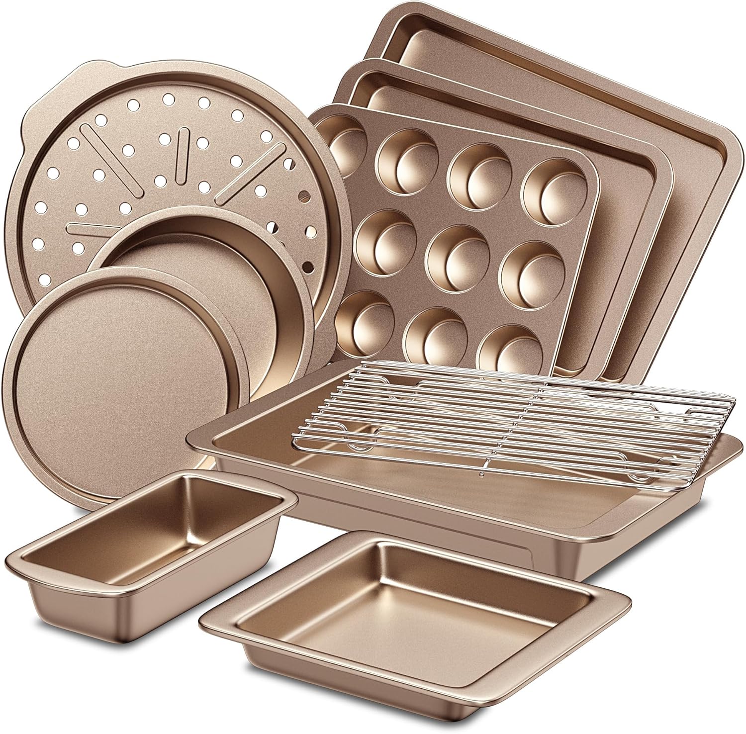 HONGBAKE Bakeware Sets, Baking Pans Set, Nonstick Oven Pan for Kitchen with Wider Grips, 10-Piece Including Rack, Cookie Sheet, Cake Pans, Loaf Pan, Muffin Pan, Pizza Pan - Champagne Gold