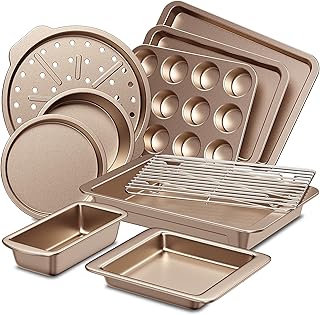 HONGBAKE Bakeware Sets, Baking Pans Set, Nonstick Oven Pan for Kitchen with Wider Grips, 10-Piece Including Rack, Cookie Sheet, Cake Pans, Loaf Pan, Muffin Pan, Pizza Pan - Champagne Gold
