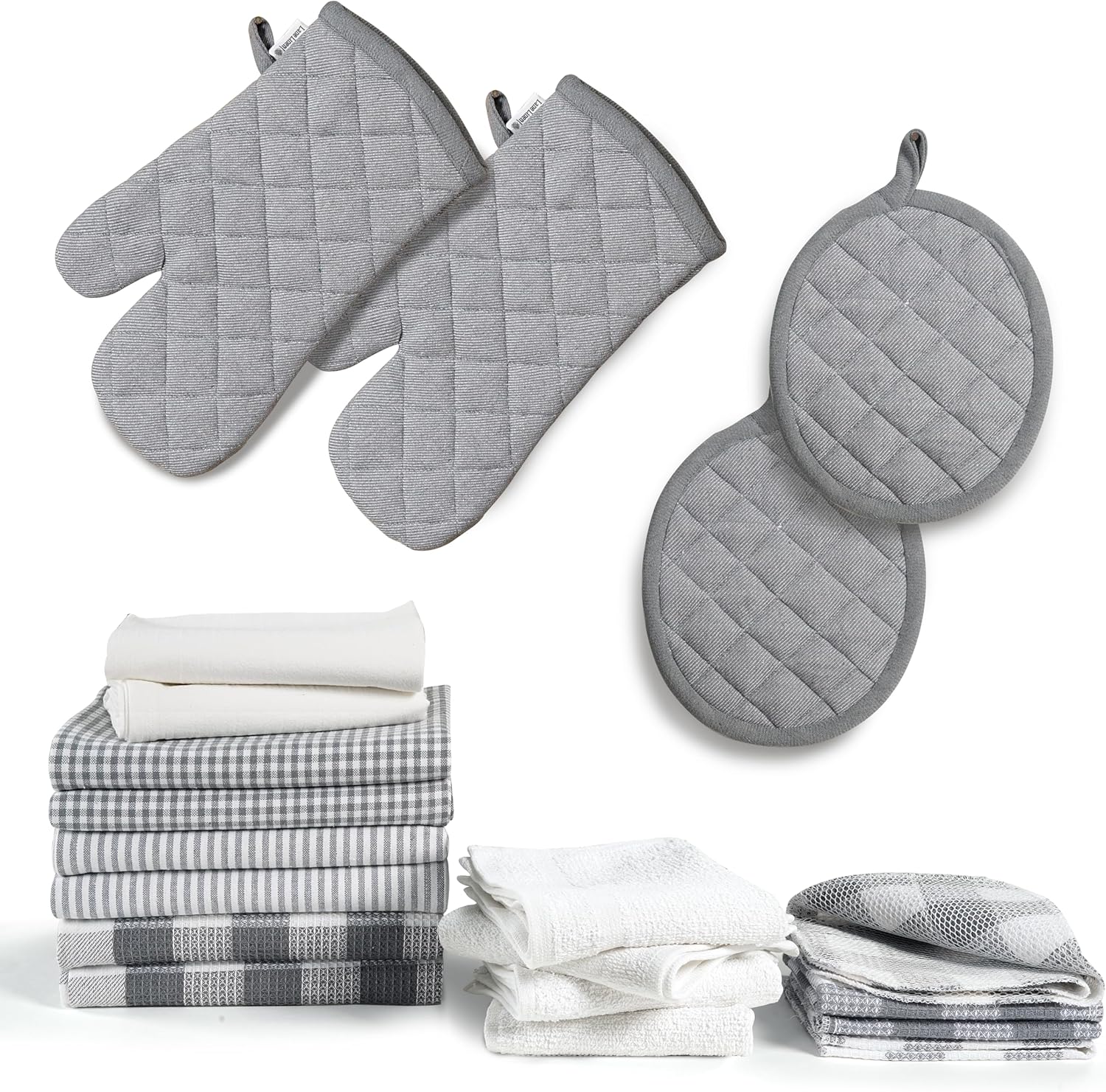 LANE LINEN Kitchen Towels and Dishcloths Sets - 20 Pc Kitchen Essentials for New Home, Heat Resistant Oven Mitts & Pot Holder, Absorbent Flour Sack Dish Towels, Dish Towels for Kitchen - Grey