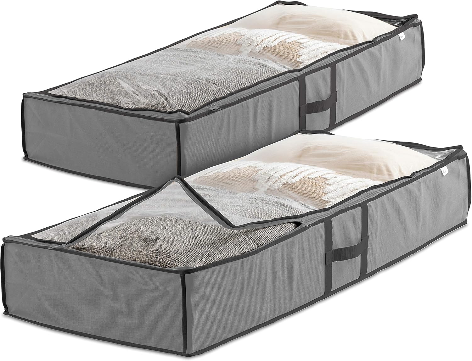 Zober Under Bed Storage - Pack of 2 Under Bed Storage Containers for Clothes, Blankets, Winter Clothing, & Shoes - Under The Bed Storage with Handles, Dual Zippers, & Clear Top (Gray)