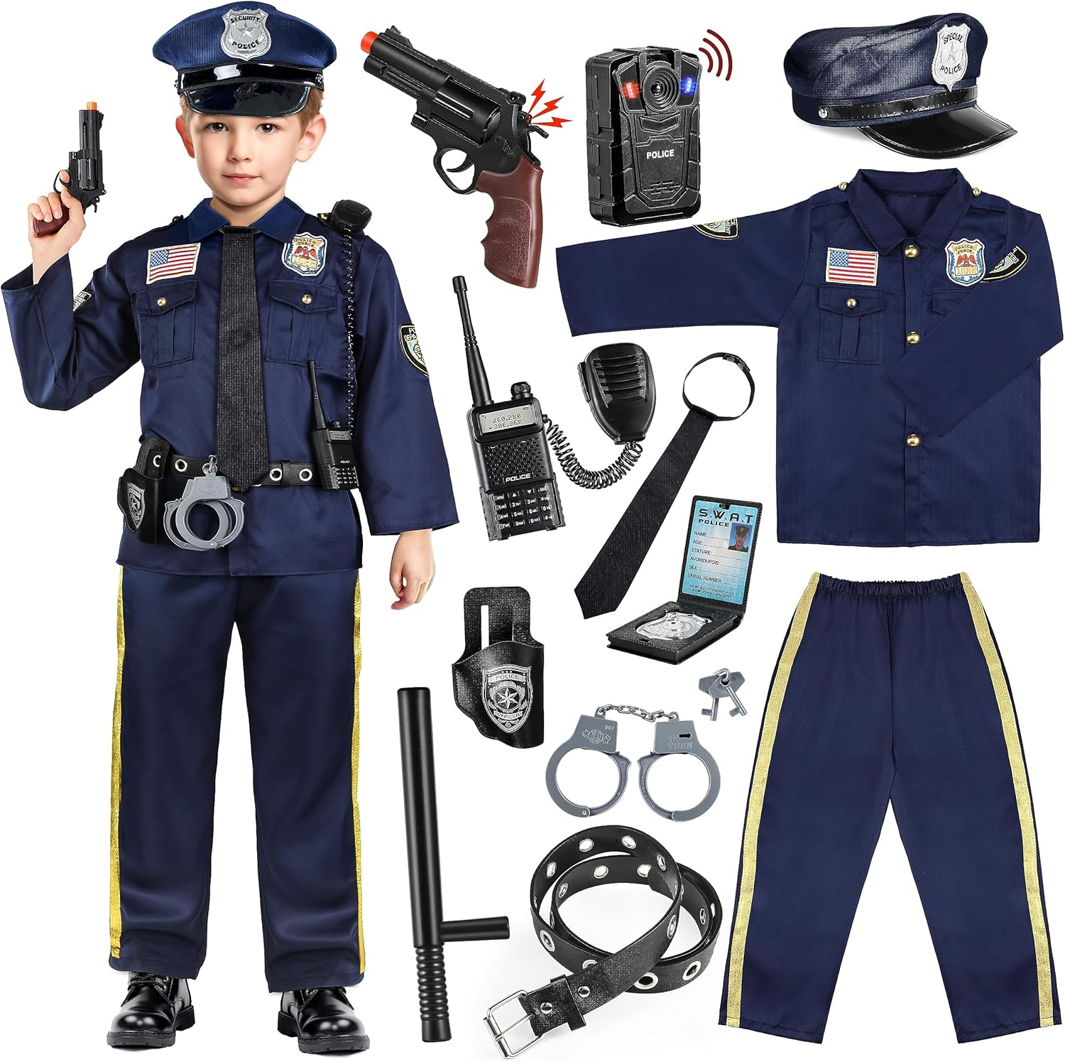Joycover Police Officer Costume for Kids - Deluxe Police Costume for Kids with Accessories, Kids Halloween Costumes for Boys Girls, Cop Outfit Role Play Kit for Halloween Career Day-M