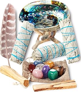 Sage Smudge Kit ~ 3 White Sage Bundles ~ 8 Healing Chakra Stones ~ Abalone Shell & Stand ~ Smudging Feather ~ Cleanse Guide/Blessings ~ Smoke Cleansing Smudge Sticks Healing Growing Manifesting