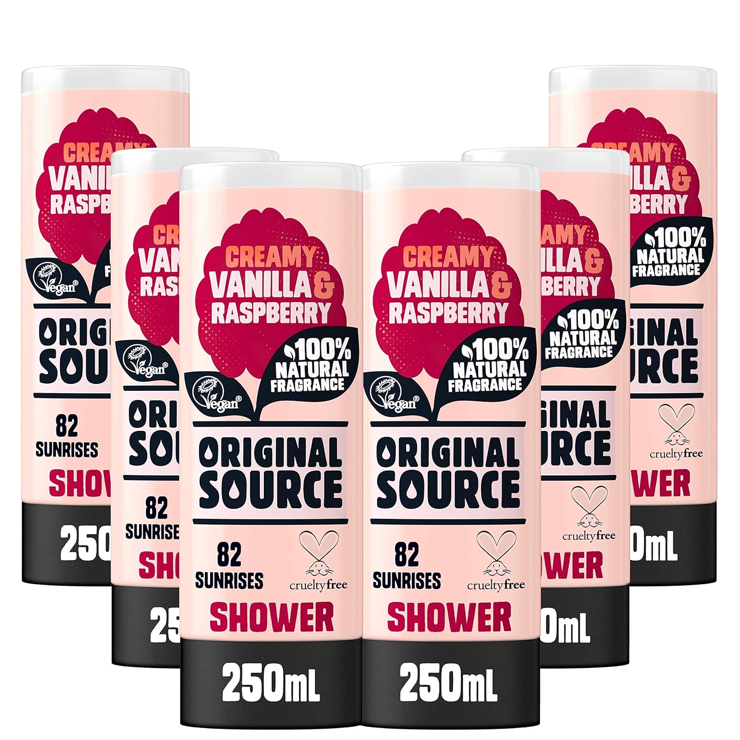 Original Source Vanilla & Raspberry Shower Gel, 100 Percent Natural Fragrance, Vegan, Cruelty Free, Paraben Free, Bulk Buy, Pack of 6 x 250 ml