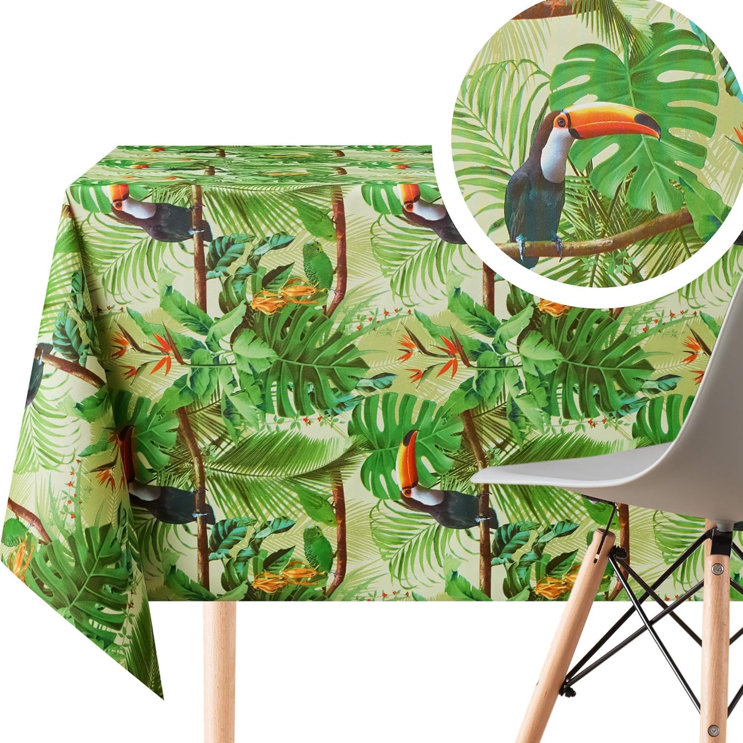 KP HOME Textil Feel Tropical Jungle PVC Wipe Clean Table Cloth Rectangular 200x140 cm | 78x55 In - 6 Seats Wipeable Tablecloth - Waterproof Vinyl Oilcloth With Toucan Birds And Green Palm Leaves