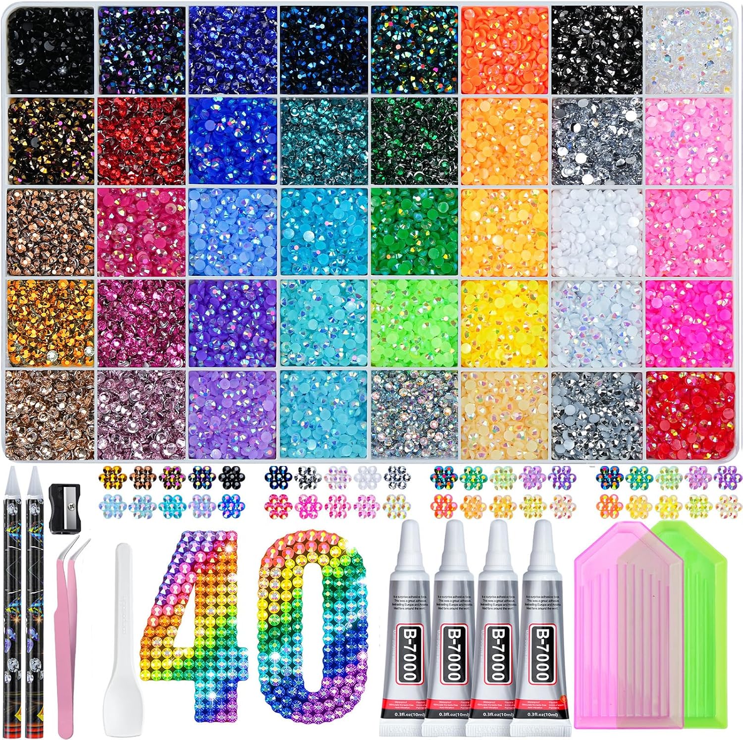 50000Pcs Bedazzling Kit with Rhinestones 3mm, 40 Colors Bedazzler Kit Resin Rhinestones Nail Gems & Glitter Gem Art Supplies, Diamond Art Kits Accessories with Pickup Pen, 4pcs 10ml B7000 Glue