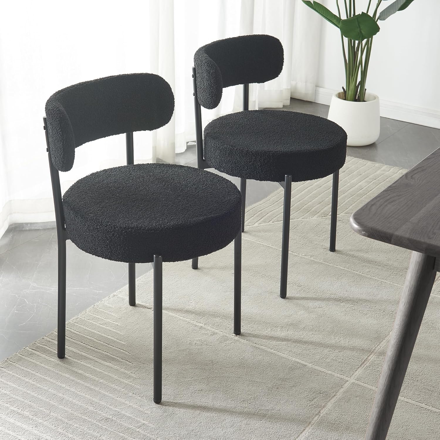 Panana Set of 2 Dining Chairs, Modern Dining Room Chair,Mid-Century Round Upholstered Boucle Kitchen Dining Chairs (Black)
