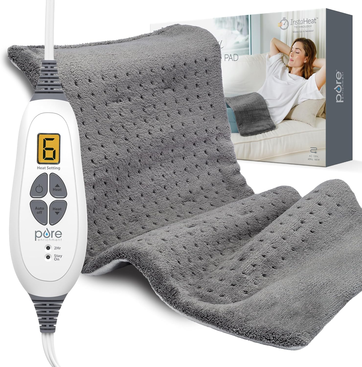Pure Enrichment PureRelief XL Heating Pad - 12" x 24" Electric Heating Pad for Back Pain & Cramps, 6 Heat Settings, FSA/HSA Eligible, Soft Machine Wash Fabric, Auto-Off & Moist Heat (Charcoal Gray)