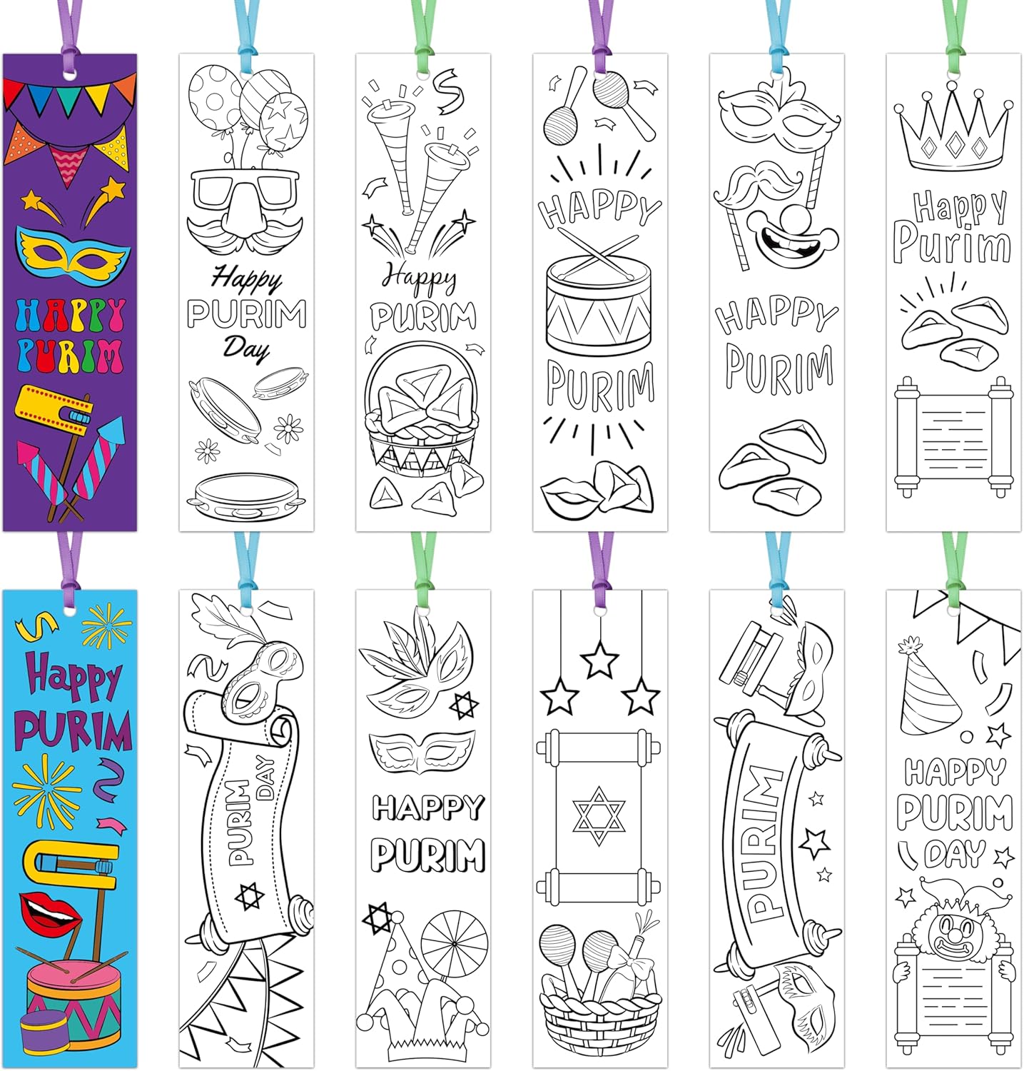 75Pcs Purim Color Your Own Bookmarks Happy Purim DIY Coloring Blank Bookmark Classroom Art Craft Supplies for Teachers Students Jewish Purim Carnival Holiday Party Gift Supplies Reward Goodie Fillers